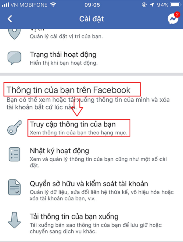 Chọn mục Truy cập thông tin của bạn