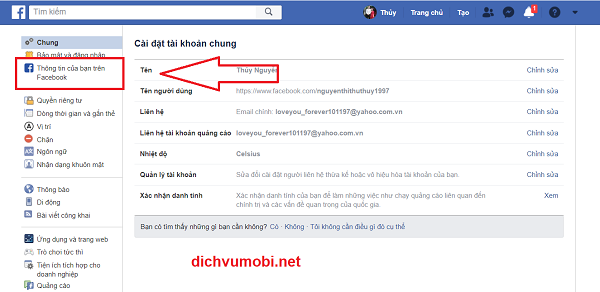 Chọn mục Thông tin của bạn trên Facebook