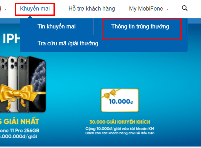 cach xem danh sach trung thuong mobifone