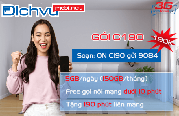 Gói C190 của MobiFone ưu đãi 5GB/ ngày + Miễn phí gọi/ 30 ngày